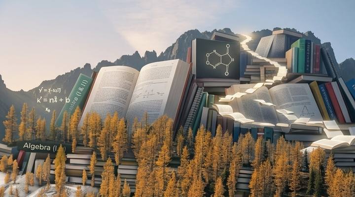 Golden larches on a mountain slope, with stacks of open books rising to a lit path toward the peak.