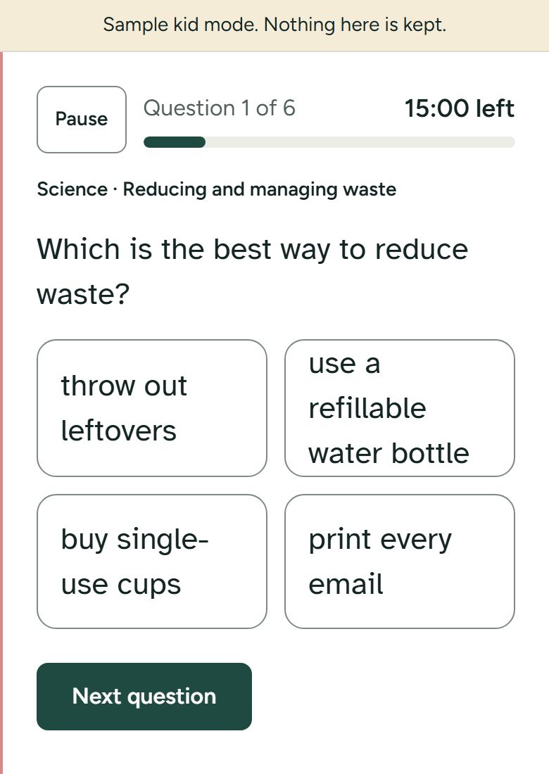 Kid mode on a phone: a Science question with four large answer buttons, the time left and Next question.