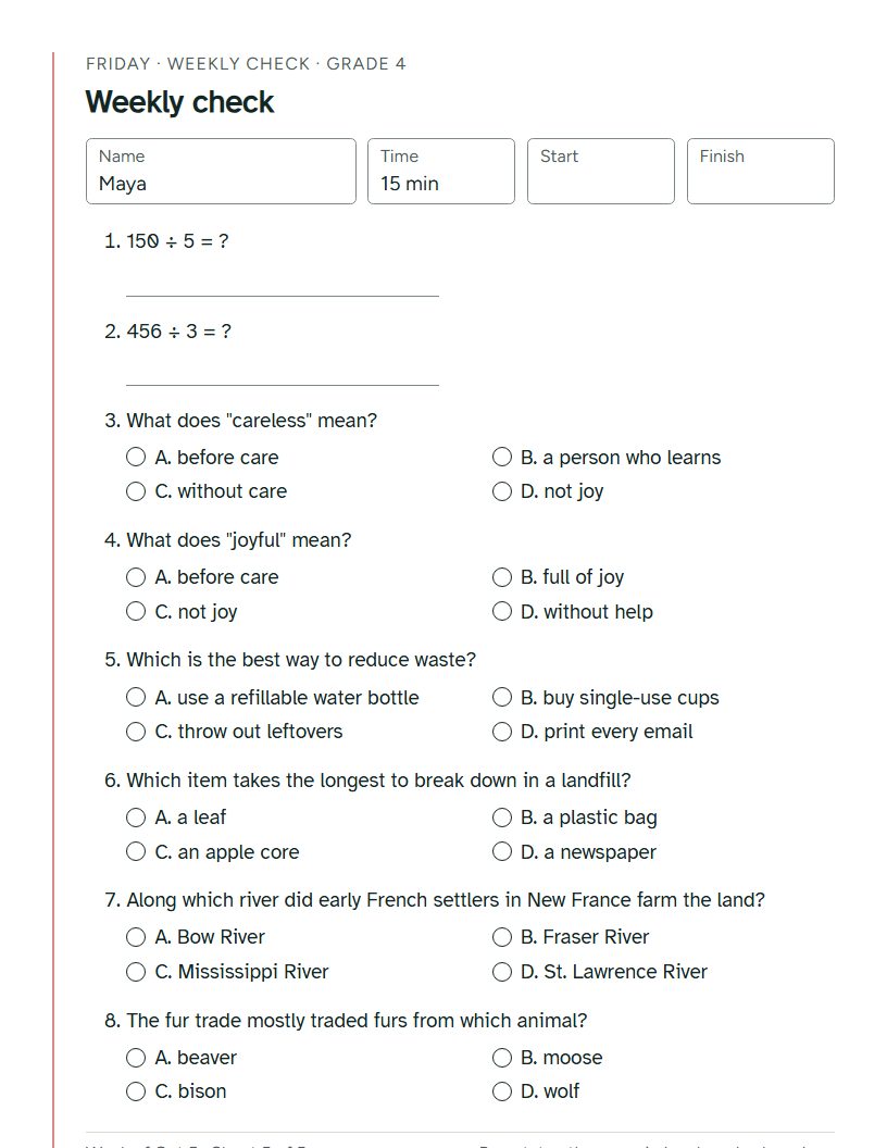 The printed Weekly check: two questions from each topic of the week.