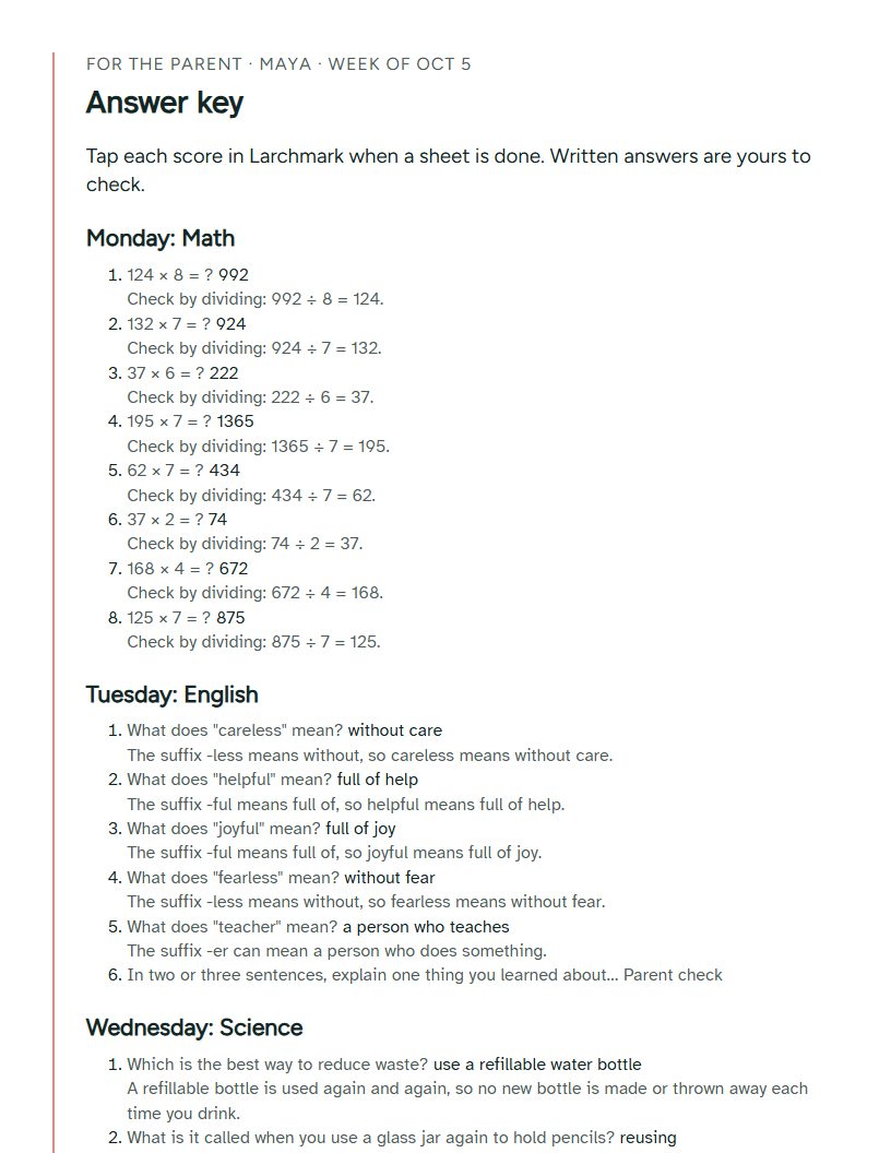 The printed answer key, with a short version of each question before its answer.