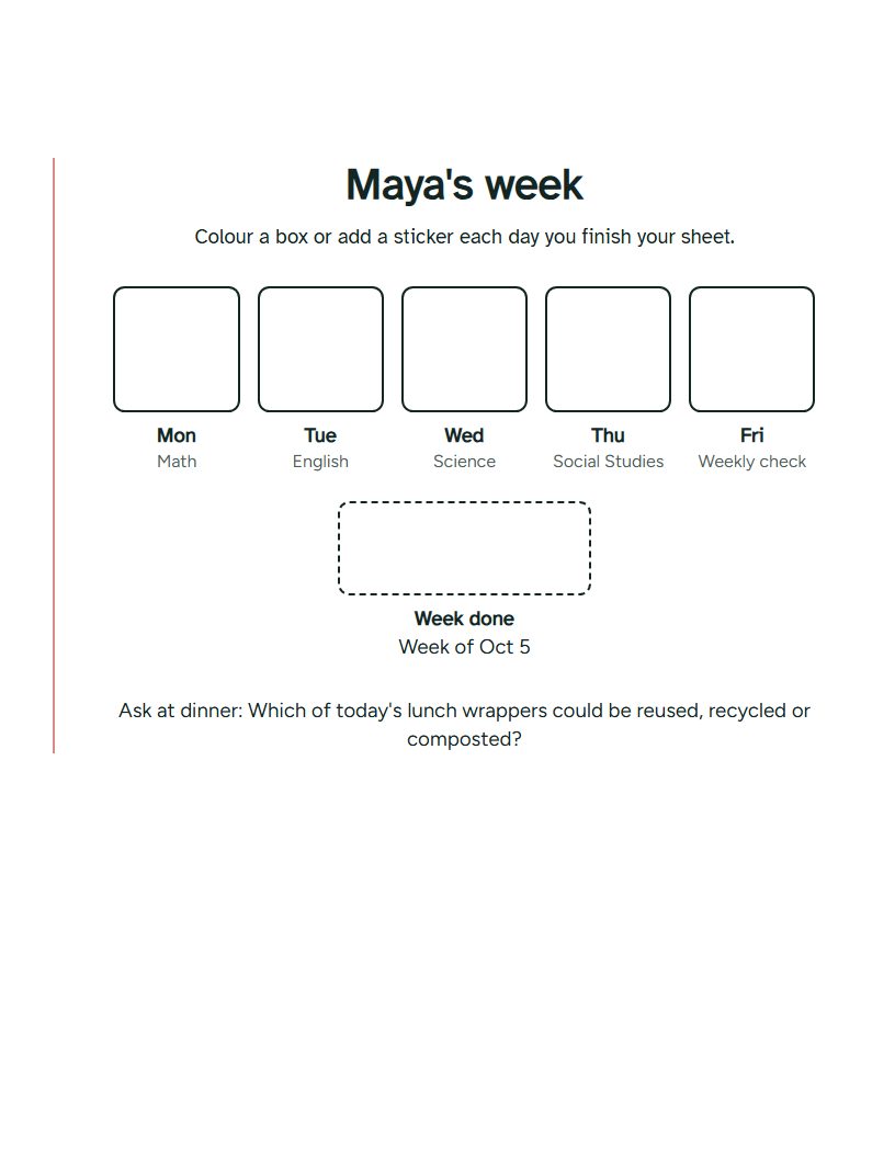 The printed fridge tracker, with a box for each day and a Week done box.
